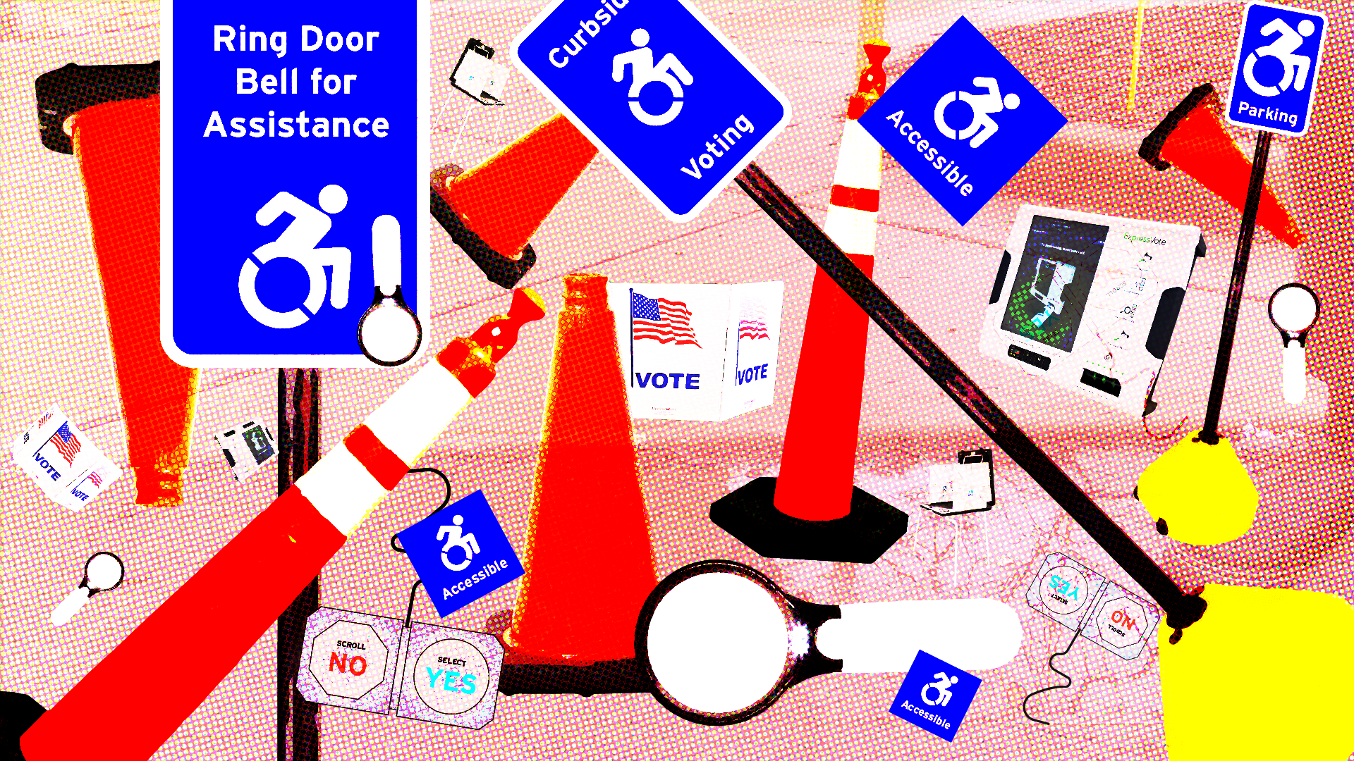 Collage of parking signs, traffic cones, and voting equipment